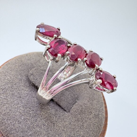 VTG Sterling Silver 925 Garnet Five Stone Prong Set Statement Ring Size 7 - Picture 2 of 11